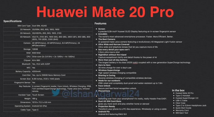 外媒全面曝光华为Mate20 Pro参数