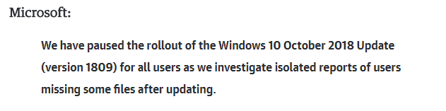因存在丢失文件问题 微软公告暂停Windows 10 1809 10月版本推送