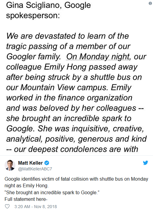 谷歌一名中国籍女员工被公司班车撞倒不幸身亡