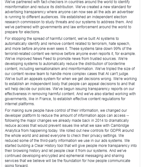 扎克伯格对Facebook的2018年进行总结：我们承诺 我们已经改变了
