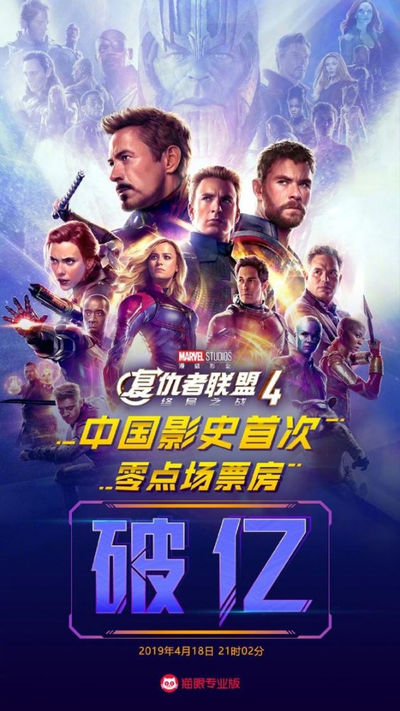 《复联4》成中国影史首次零点场破亿影片